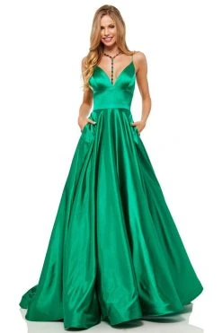Sherri Hill - 52195 V Neck Spaghetti Straps A-Line Satin Dress