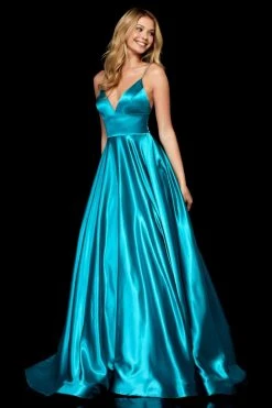 Sherri Hill - 52195 V Neck Spaghetti Straps A-Line Satin Dress