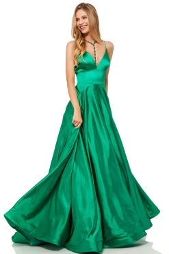 Sherri Hill - 52195 V Neck Spaghetti Straps A-Line Satin Dress