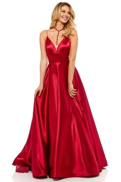 Sherri Hill - 52195 V Neck Spaghetti Straps A-Line Satin Dress