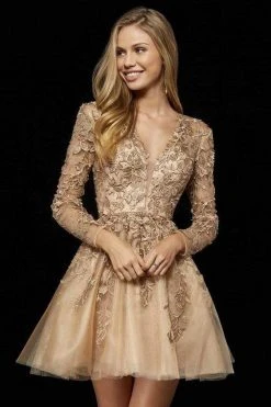 Sherri Hill - 52343 Lace Applique Long Sleeves A-Line Cocktail Dress