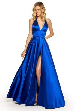 Sherri Hill - 52408 Halter V-Neck Satin Dress With High Slit 11 Sherri Hill - 52408 Halter V-Neck Satin Dress With High Slit