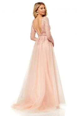 Sherri Hill - 52476 Applique Long Sleeve Deep V-neck Dress