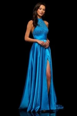 Sherri Hill - 52492 Lace High Halter Dress With Slit 8 Sherri Hill - 52492 Lace High Halter Dress With Slit