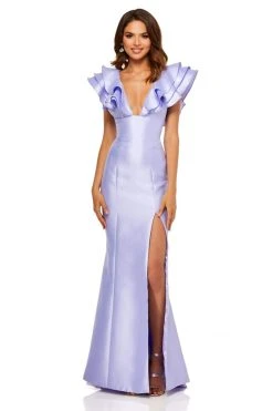 Sherri Hill - 52546 Ruffle Sleeves Plunging Neckline Mikado Gown