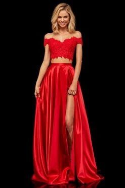 Sherri Hill - 52567 Two Piece Lace Off Shoulder Satin A-Line Gown