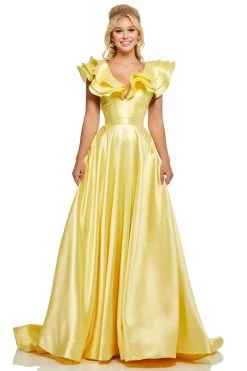 Sherri Hill - 52595 Tiered Ruffle Sleeves Mikado A-Line Ballgown 8 Sherri Hill - 52595 Tiered Ruffle Sleeves Mikado A-Line Ballgown
