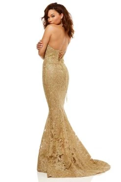 Sherri Hill - 52644 Metallic Lace Halter Mermaid Dress With Train