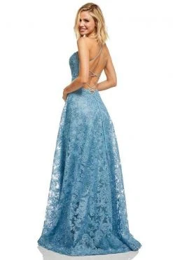 Sherri Hill - 52646 Metallic Lace A-Line Dress With Slit