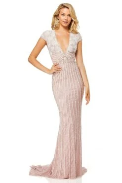 Sherri Hill - 52685 Beaded Deep V-neck Sheath Dress With Train