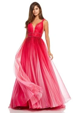Sherri Hill - 52692 Deep V-neck Ombre Tulle Ballgown