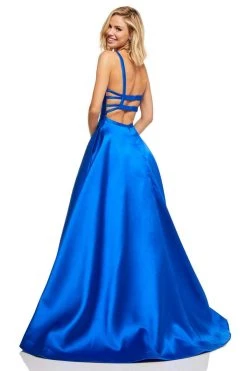 Sherri Hill - 52715 Scoop Neck Strappy Back Long A Line Satin Dress 28 Sherri Hill - 52715 Scoop Neck Strappy Back Long A Line Satin Dress