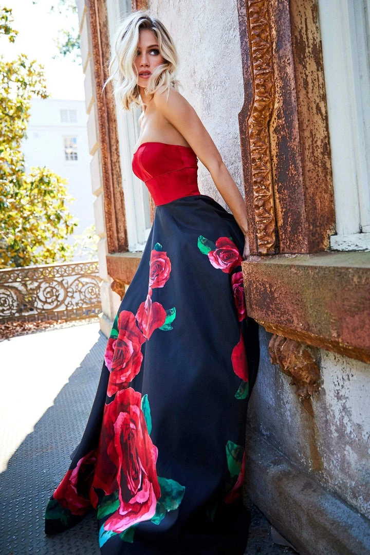 Sherri Hill - 52722 Strapless Satin And Floral Print A-line Dress 9 Sherri Hill - 52722 Strapless Satin And Floral Print A-line Dress