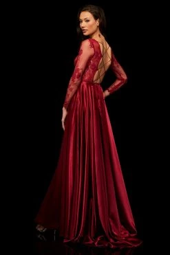 Sherri Hill - 52765 Lace Long Sleeve Bateau Charmeuse A-line Dress