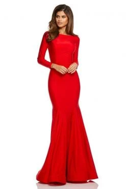 Sherri Hill - 52785 Long Sleeve Bateau Satin Trumpet Dress