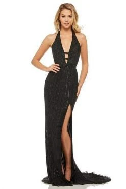 Sherri Hill - 52807 Long Beaded Deep Halter V-neck Fitted Dress