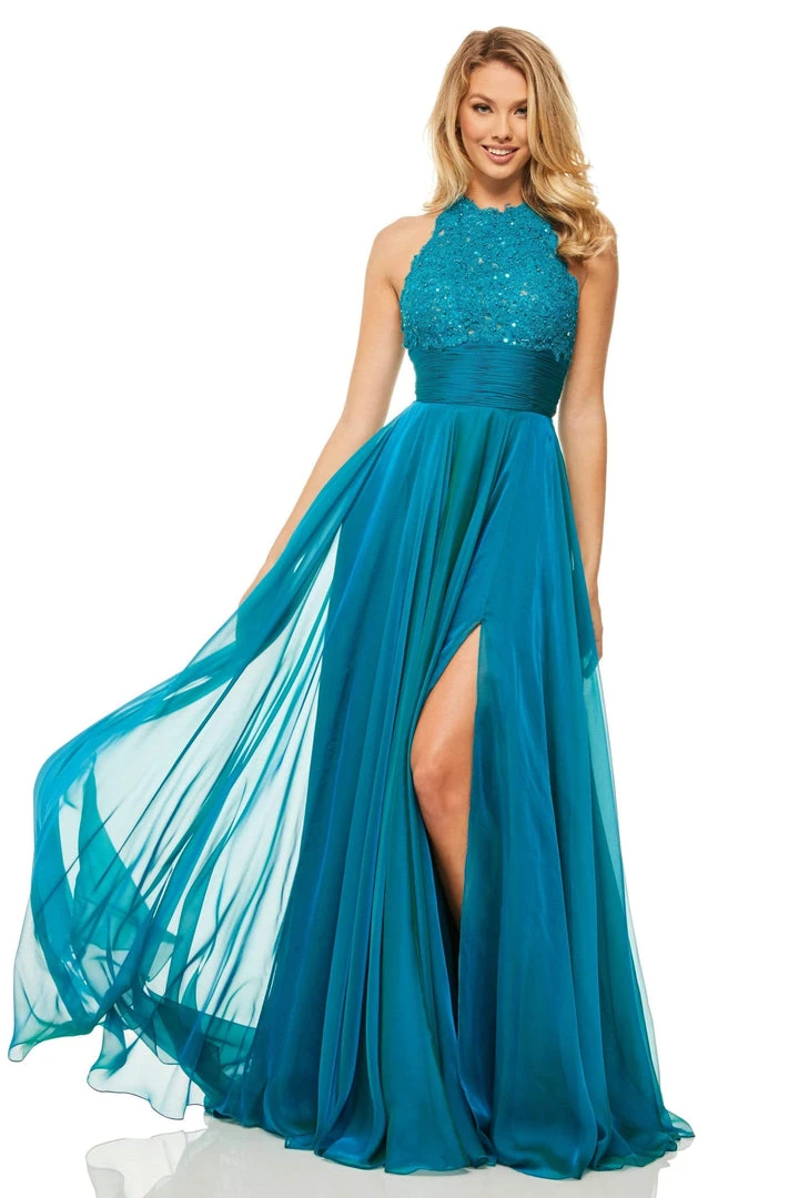 Sherri Hill - 52817 Lace Appliqued High Slit Chiffon Gown 3 Sherri Hill - 52817 Lace Appliqued High Slit Chiffon Gown