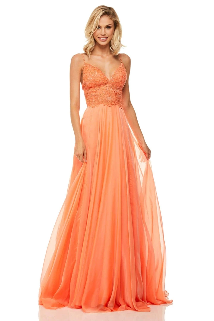 Sherri Hill - 52818 Long Appliqued Illusion Midriff Chiffon Dress 3 Sherri Hill - 52818 Long Appliqued Illusion Midriff Chiffon Dress