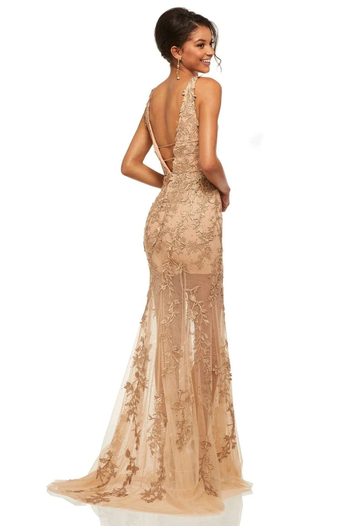 Sherri Hill - 52820 Lace Appliqued Pipe Waist Sheer Gown 4 Sherri Hill - 52820 Lace Appliqued Pipe Waist Sheer Gown
