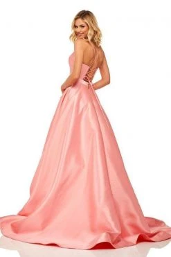 Sherri Hill - 52821 Satin Lace-Up Back V- Neckline A Line Dress