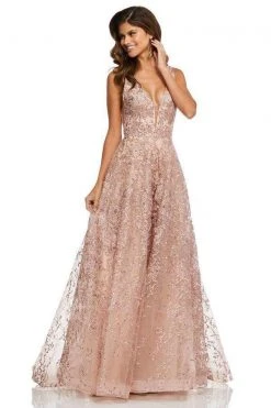 Sherri Hill - 52877 Long Lace Deep V-neck A-line Dress