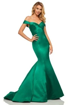Sherri Hill - 52895 Off-Shoulder Satin Mermaid Dress With Train