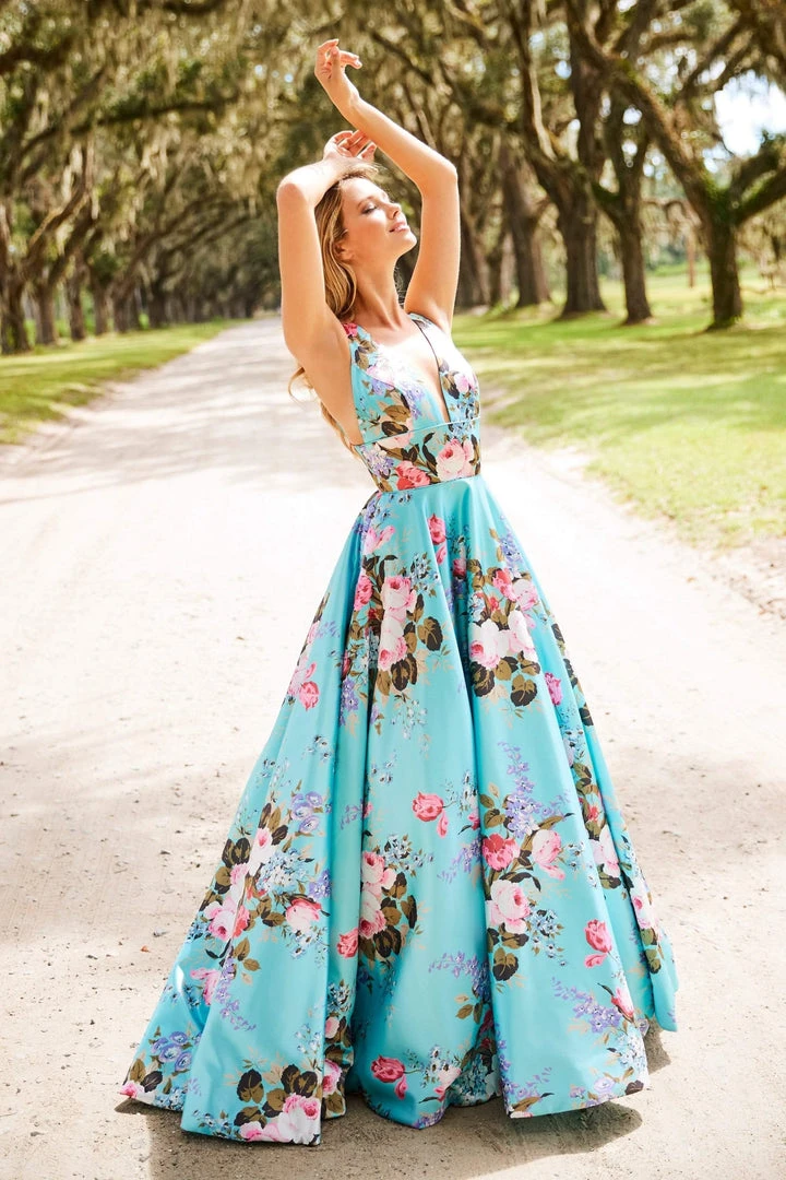 Sherri Hill - 52909 Floral Print Deep V-neck A-line Dress 4 Sherri Hill - 52909 Floral Print Deep V-neck A-line Dress