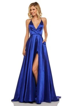 Sherri Hill - 52921 Halter Neck Satin A-line Dress With Slit
