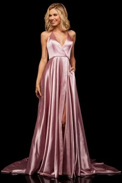 Sherri Hill - 52921 Halter Neck Satin A-line Dress With Slit