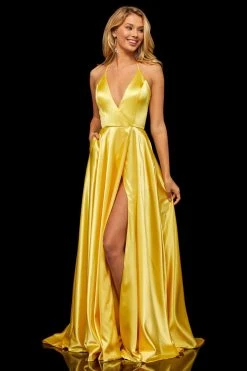 Sherri Hill - 52921 Halter Neck Satin A-line Dress With Slit