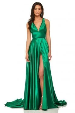 Sherri Hill - 52922 Satin V- Neckline A Line Dress With Sultry Slit