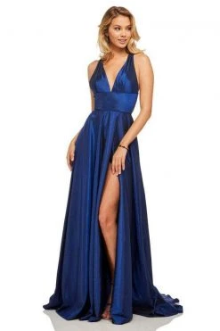 Sherri Hill - 52923 Deep V-neck Metallic A-line Dress
