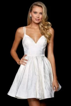 Sherri Hill - 52983 Plunging V-neck Brocade Short A-line Dress