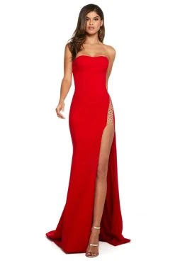 Sherri Hill - 52987 Strapless Beaded Sheath Dress With High Slit