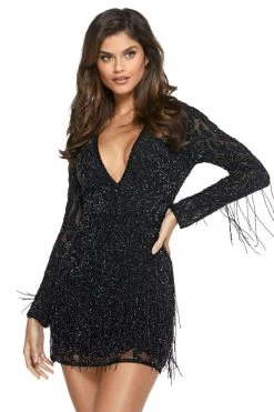 Sherri Hill - 53010 Beaded Long Sleeve Short Fringed Dress