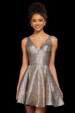 Sherri Hill - 53106 Short Deep V-neck Glitter Fabric A-line Dress 8 Sherri Hill - 53106 Short Deep V-neck Glitter Fabric A-line Dress