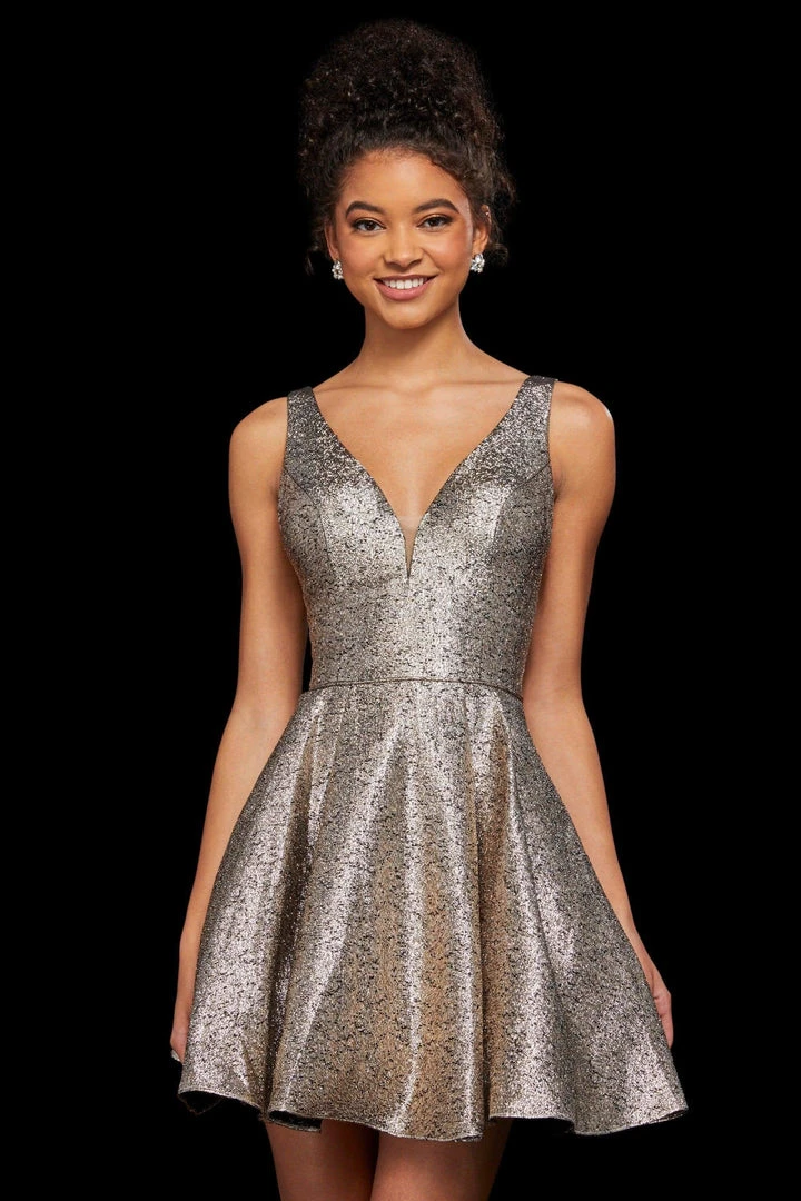 Sherri Hill - 53106 Short Deep V-neck Glitter Fabric A-line Dress 5 Sherri Hill - 53106 Short Deep V-neck Glitter Fabric A-line Dress