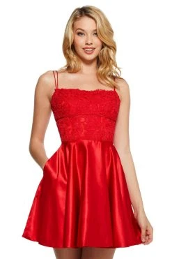 Sherri Hill - 53258 Short Lace Straight Neck Satin A-line Dress