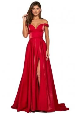 Sherri Hill - 53324 Plunging Off-Shoulder Satin A-Line Dress