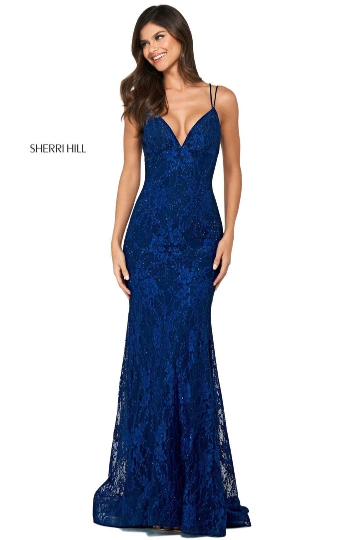 Sherri Hill - 53364 Plunging Lace Up Back Fitted Lace Dress 8 Sherri Hill - 53364 Plunging Lace Up Back Fitted Lace Dress