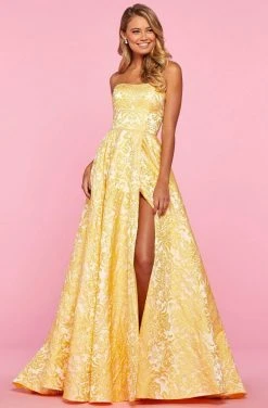 Sherri Hill - 53379 Strapless Brocade A-line Gown With Slit