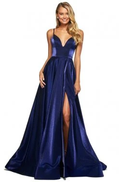 Sherri Hill - 53548 Satin V-Neck Evening Dress With Slit