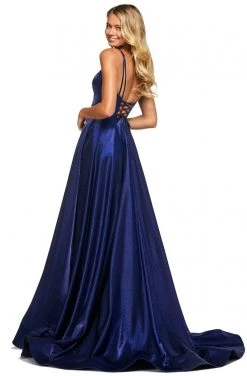 Sherri Hill - 53548 Satin V-Neck Evening Dress With Slit