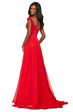 Sherri Hill - 53549 Beaded V Neck Chiffon Overlay Long Satin Dress 12 Sherri Hill - 53549 Beaded V Neck Chiffon Overlay Long Satin Dress