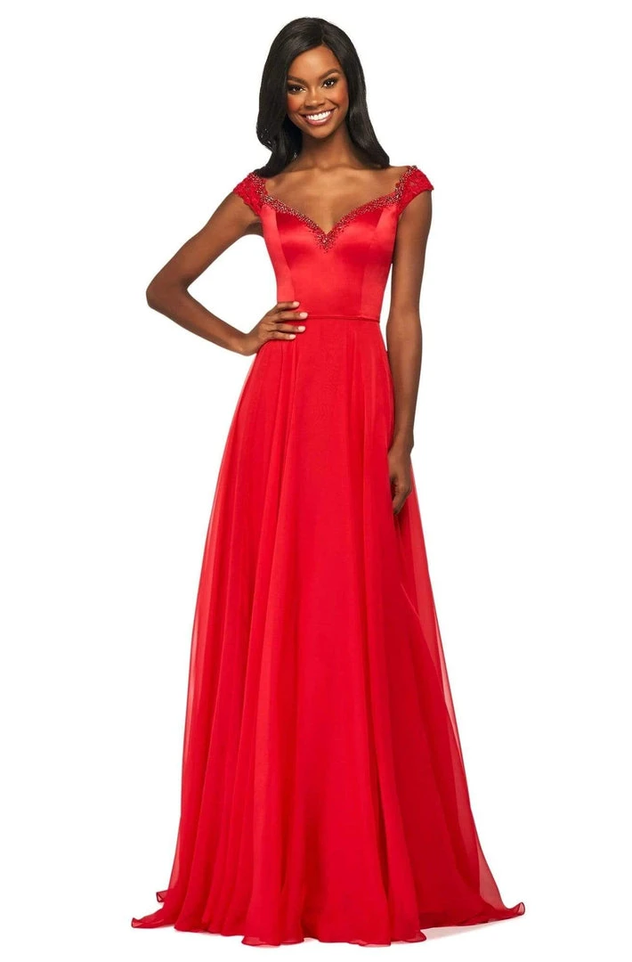 Sherri Hill - 53549 Beaded V Neck Chiffon Overlay Long Satin Dress 6 Sherri Hill - 53549 Beaded V Neck Chiffon Overlay Long Satin Dress