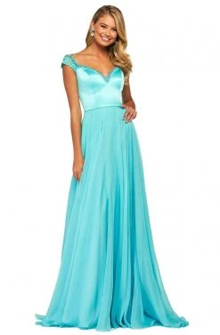 Sherri Hill - 53549 Beaded V Neck Chiffon Overlay Long Satin Dress 10 Sherri Hill - 53549 Beaded V Neck Chiffon Overlay Long Satin Dress