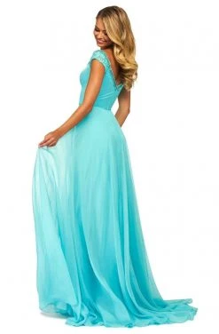 Sherri Hill - 53549 Beaded V Neck Chiffon Overlay Long Satin Dress