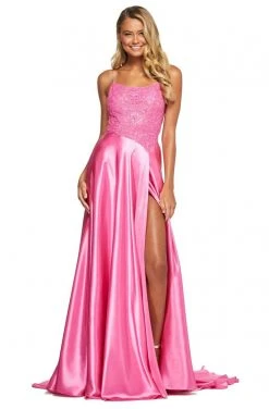 Sherri Hill - 53648 Beaded Lace Scoop Neck High Slit Dress