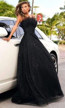 Sherri Hill - 54048 Feather Fringed Strapless Glitter Gown