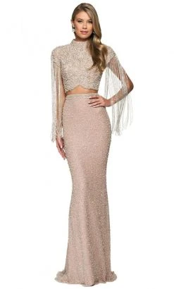 Sherri Hill - 54057 Two-Piece Bead-Fringed High Neck Gown